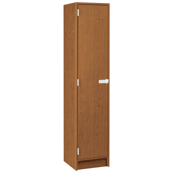A tall wooden I.D. Systems locker with a brown door and white handle.