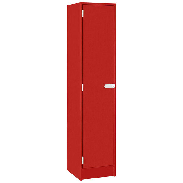 A red metal locker with a single door and two shelves.