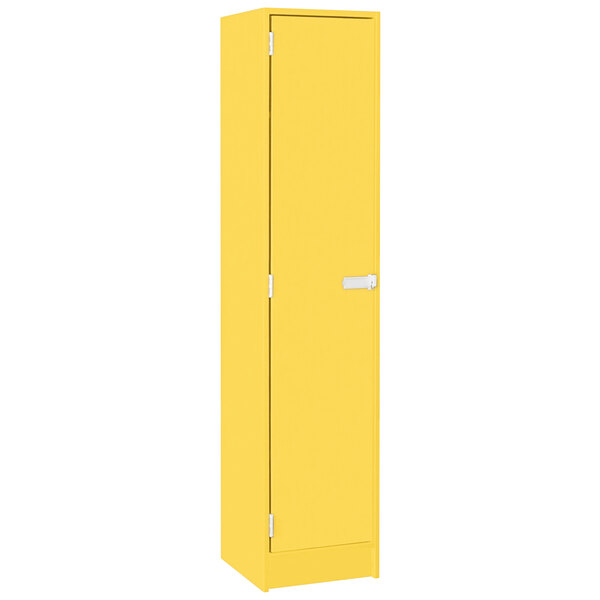 A sun yellow I.D. Systems storage locker with a door and two shelves.