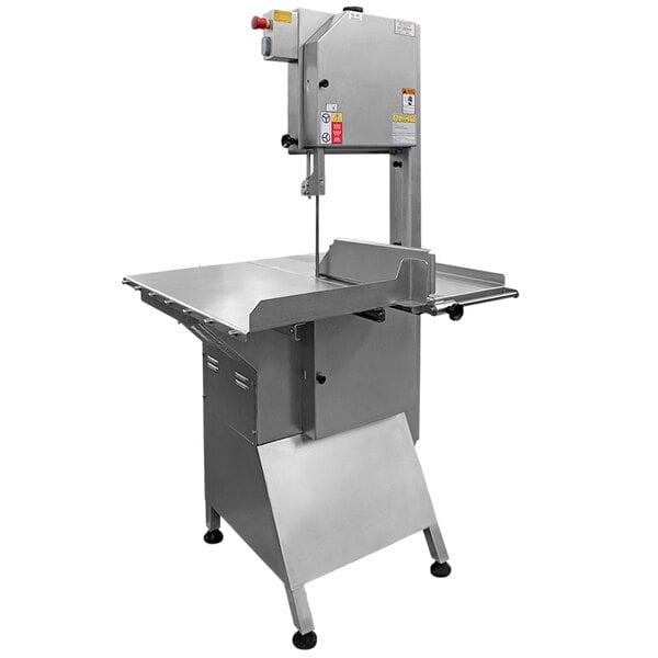 An Omcan vertical band saw with a large table top.