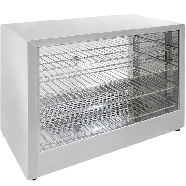 A white rectangular Omcan display warmer with a glass door and shelves inside.