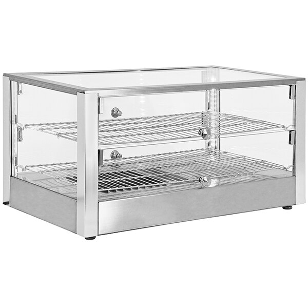 An Omcan countertop display warmer with two shelves and glass case.