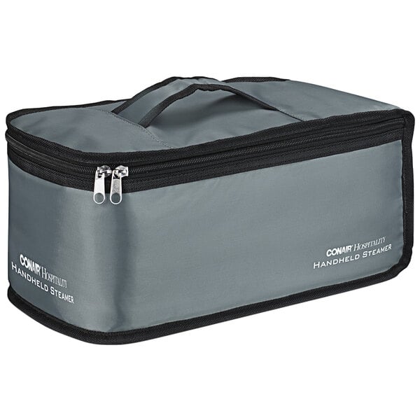 A grey and black Conair handheld steamer storage bag with zippers.