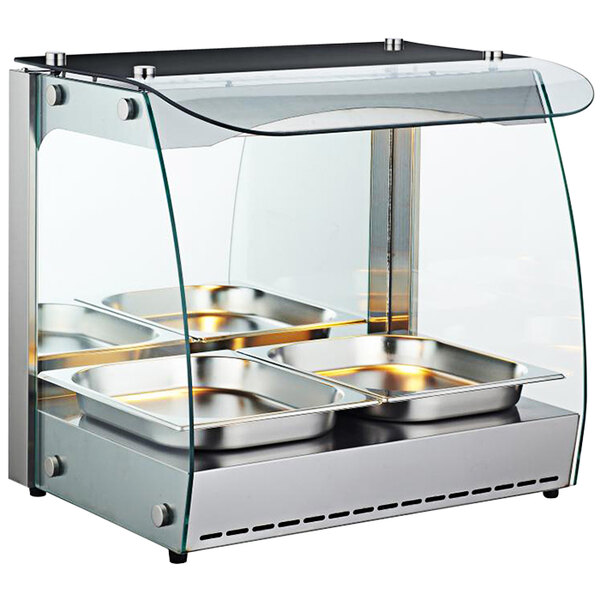 An Omcan countertop heated food warmer with a glass cover and three trays.
