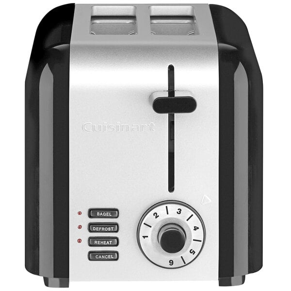 A black and silver Cuisinart toaster with 2 slice slots and a numbered dial.