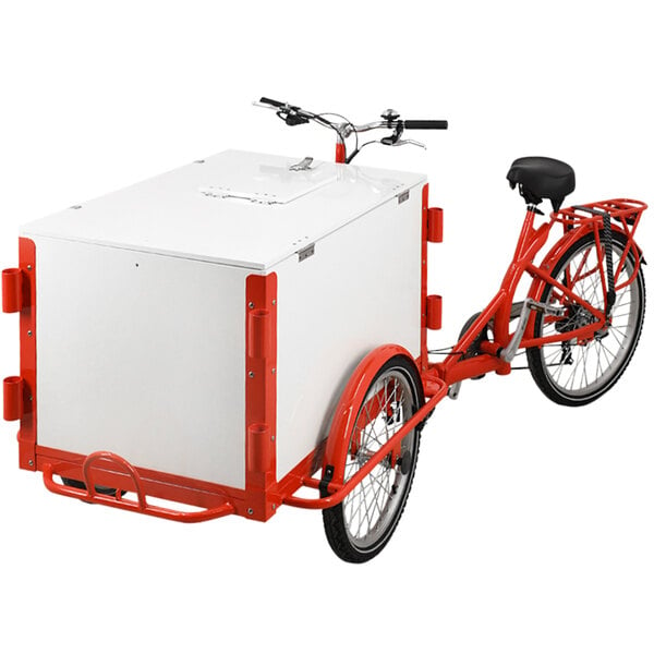 A red bike with a white box on the front.