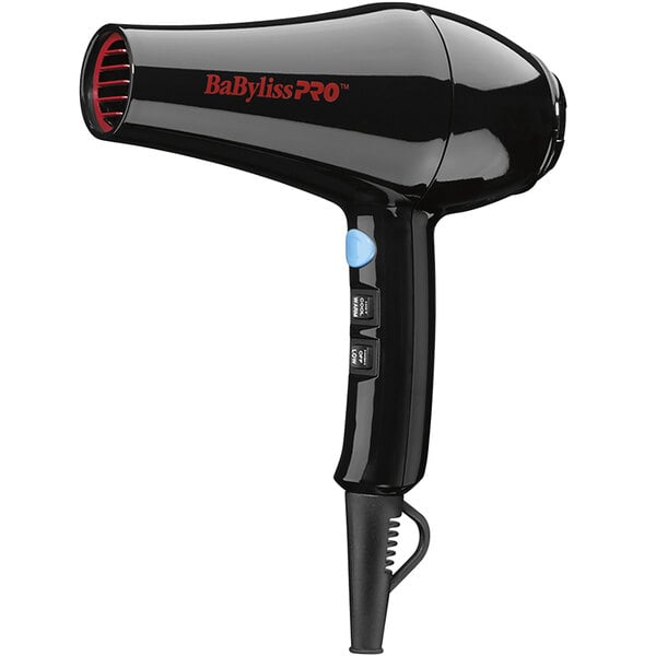 A black Conair BaByliss Pro hair dryer with red text.
