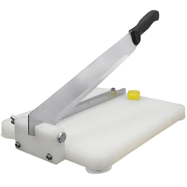 A white plastic Omcan lobster cutter with a yellow handle.