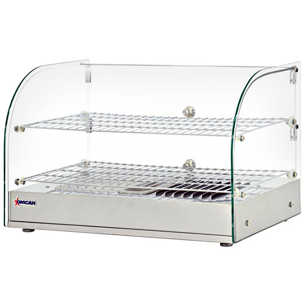 An Omcan curved glass countertop display warmer with two shelves of food.
