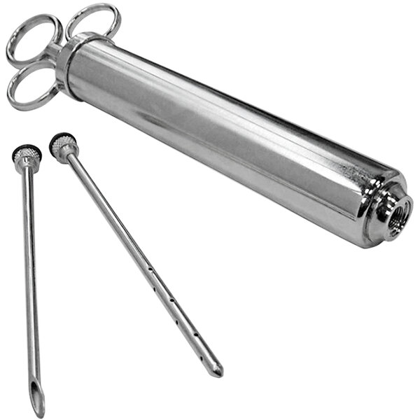 A silver stainless steel meat pump with a handle and two needles.