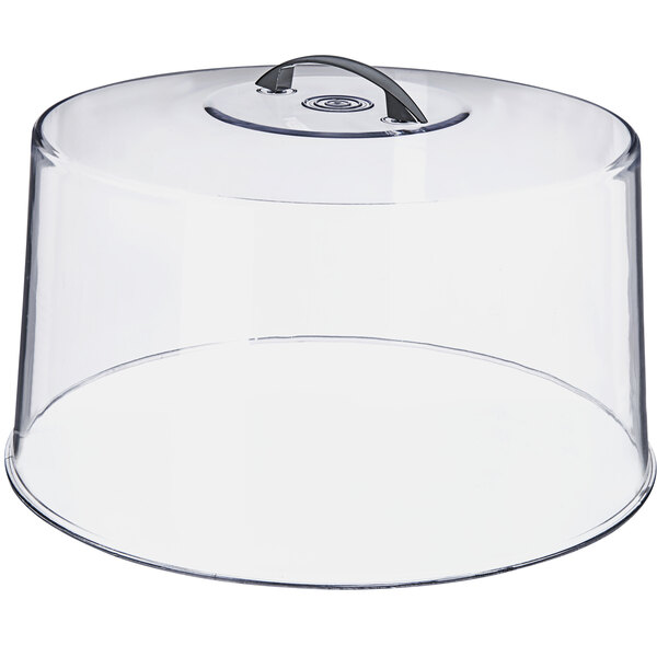 A clear plastic cake cover with a handle.
