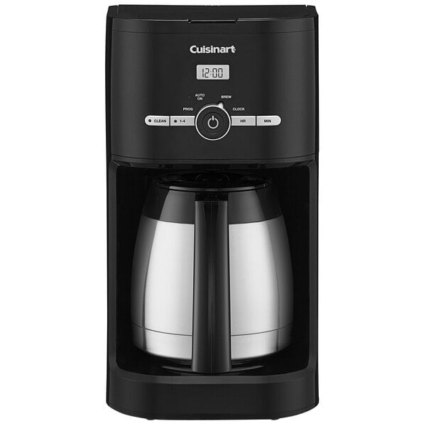 A black Conair Cuisinart programmable coffee maker with a silver and black pot inside.