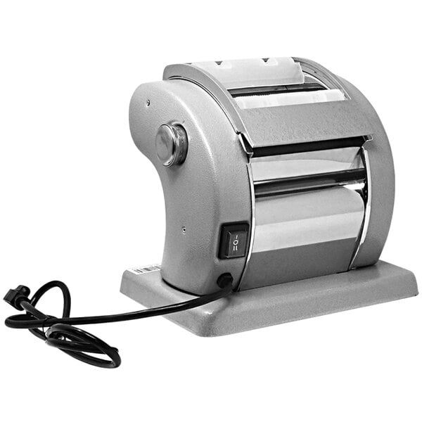 An Omcan silver electric pasta machine with a cord.