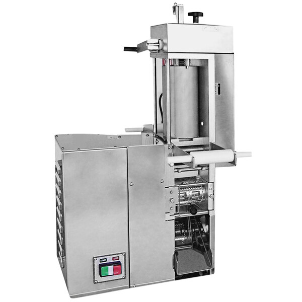 An Omcan commercial electric ravioli machine with a stainless steel body and white lid.