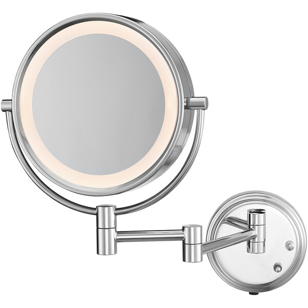 A Conair chrome wall-mount mirror with LED lights on both sides.