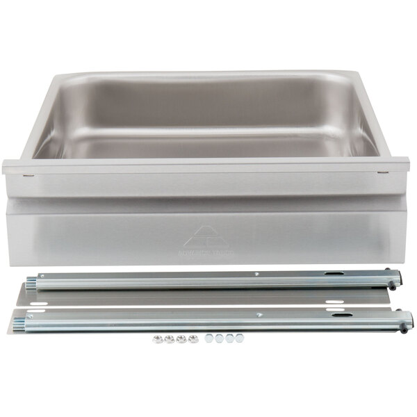 A stainless steel Advance Tabco work table drawer with slides.
