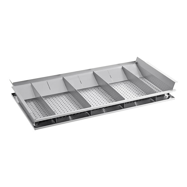 A silver metal tray with holes divided into four compartments.