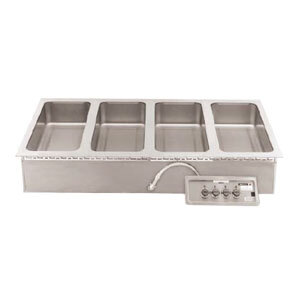 A Wells stainless steel drop-in hot food well with four compartments.
