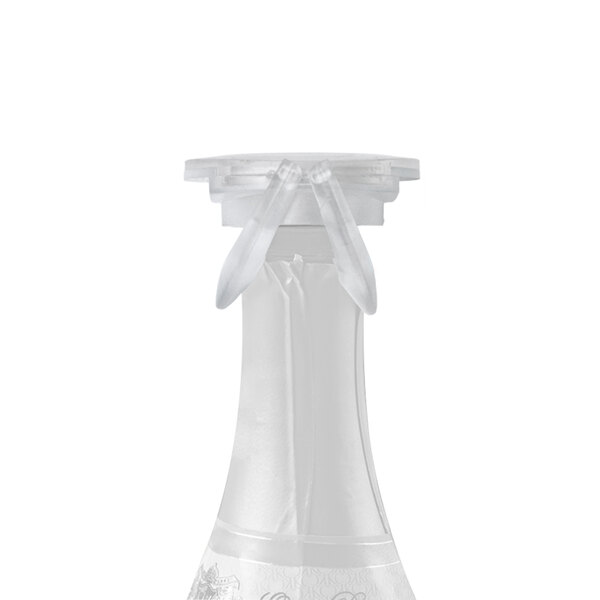 A clear glass champagne bottle stopper with a white collar.