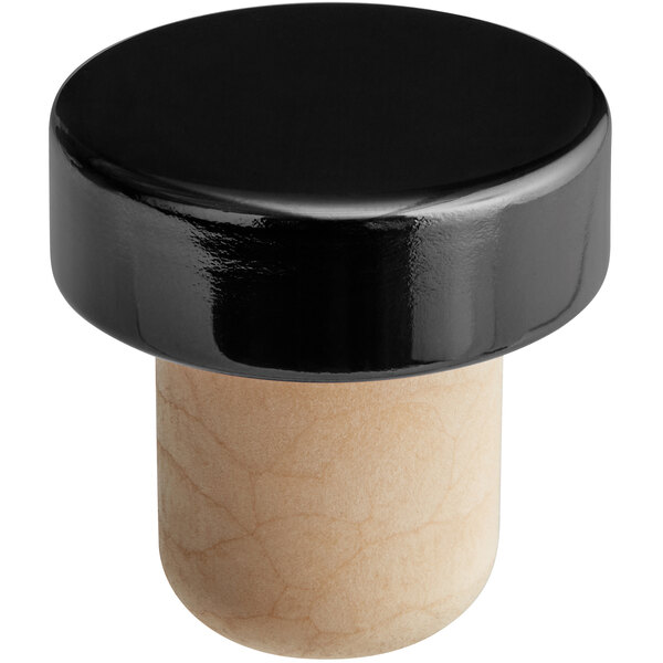 A black wine stopper with an aluminum top and black cork.