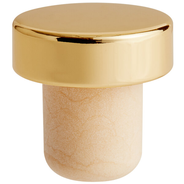 A Franmara gold wine stopper with a white aluminum top.