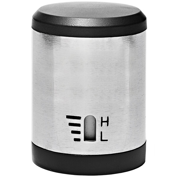 A Franmara stainless steel wine preserver pump cylinder with a black lid.