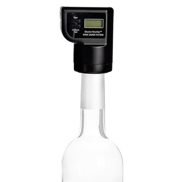 A Franmara VinoVac Electro Wine Saver System bottle with a white cap and digital display.