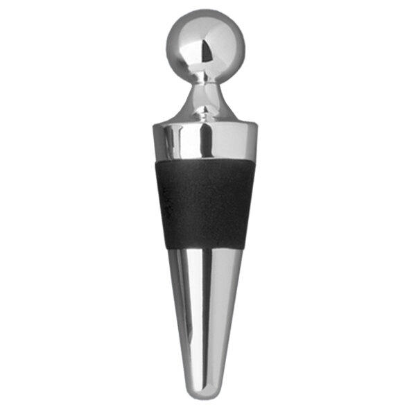 A close-up of a Franmara silver-plated conical bottle stopper with a black metal cap.