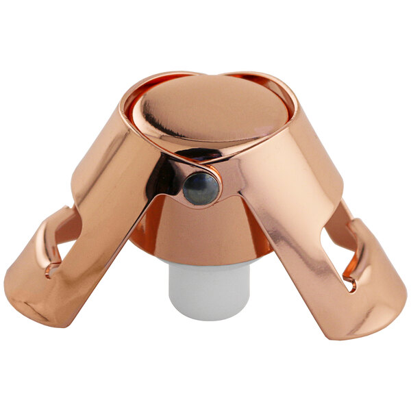 A copper-plated stainless steel Franmara champagne stopper with a white lid.
