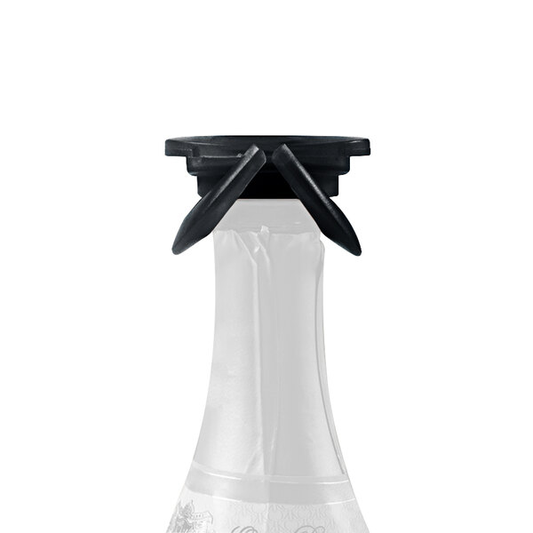 A white plastic container with a black Franmara champagne bottle stopper on top.