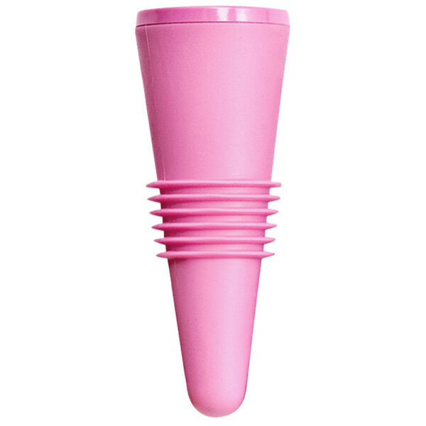 A pink plastic object with a white cone on top.