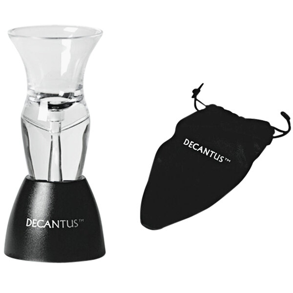 A Decantus Slim Wine Aerator in a glass with a black case with white text.