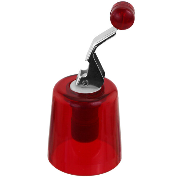 A red and silver Franmara bottle stopper with a metal top.