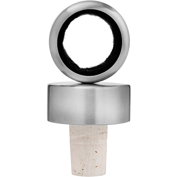 A Franmara silver magnetic bottle stopper with metal ring on top.