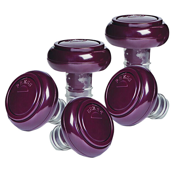A close-up of a Franmara VinoVac burgundy bottle stopper with three purple knobs.