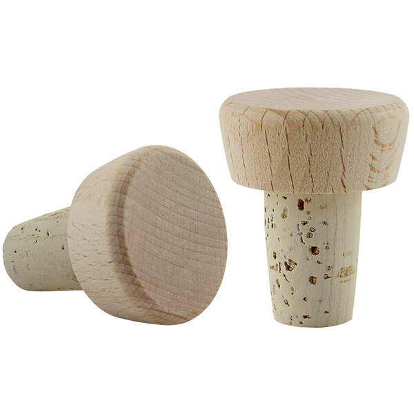 Two Franmara cork bottle stoppers with beechwood tops.