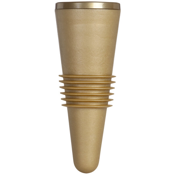 A wooden cone with a metal ring on top.