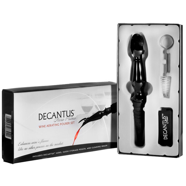 A black Decantus Aero Primo wine pourer and aerator set in a box.