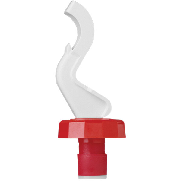 A white and red Franmara bottle stopper with a red plastic lever.