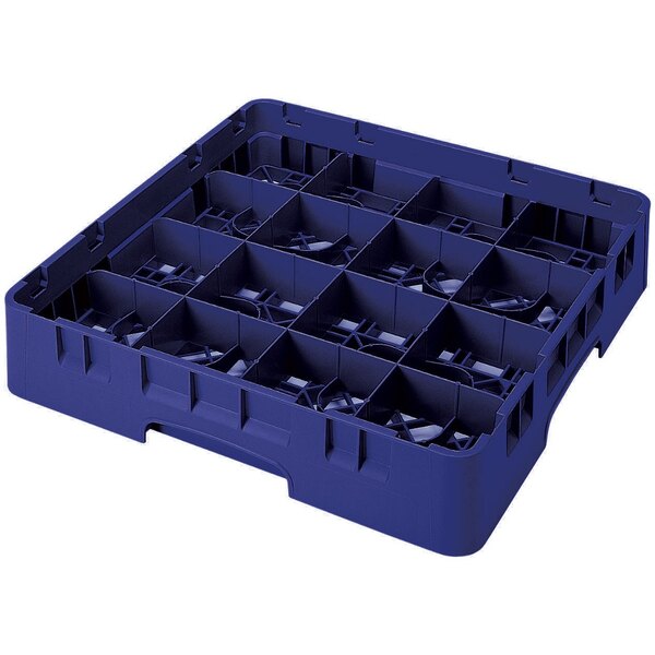 A navy blue Cambro glass rack with 16 compartments and extenders.