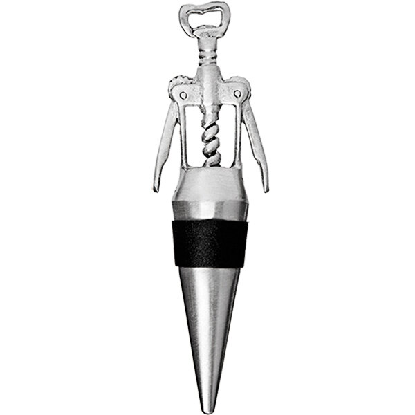 A Franmara stainless steel bottle stopper with a decorative wing cork screw top featuring a metal spike.