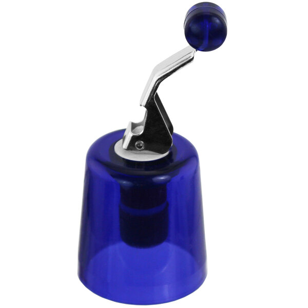 A close-up of a blue plastic and metal Franmara bottle stopper shaped like a bell.