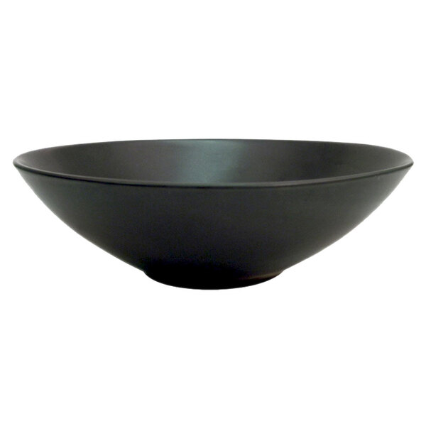 A close-up of a black CAC stoneware bowl.