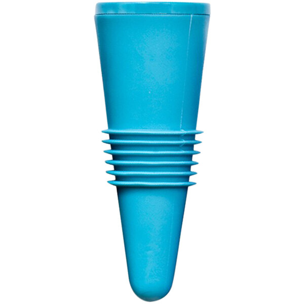 A blue plastic object with a small cone on the end.