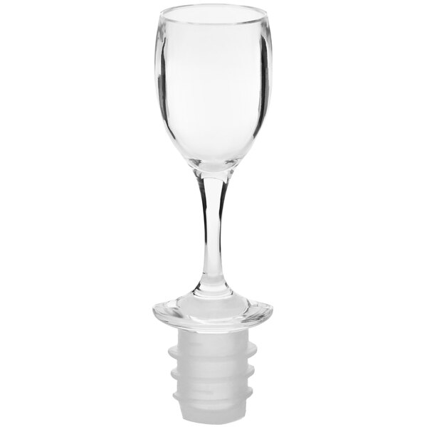 A clear wine glass with a white plastic stopper decorated with a wine glass.