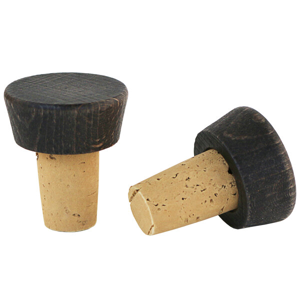 Two Franmara wine stoppers with cork and dark beechwood tops.