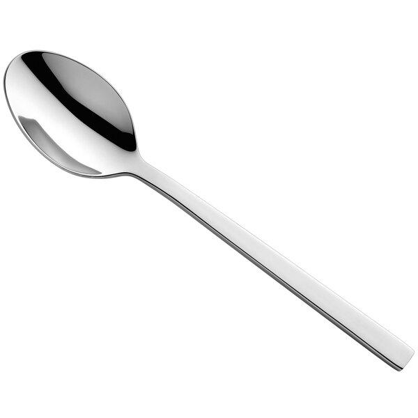 An Amefa Cube stainless steel dessert spoon with a long handle and a silver finish.