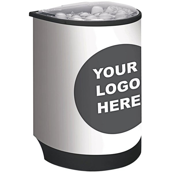 A black and white IRP Iceberg beverage cooler with a lid and the words "Your Logo Here" on the side.