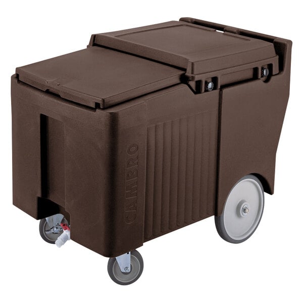 A dark brown Cambro mobile ice bin with wheels and a sliding lid.