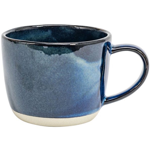 An indigo blue and white porcelain mug.